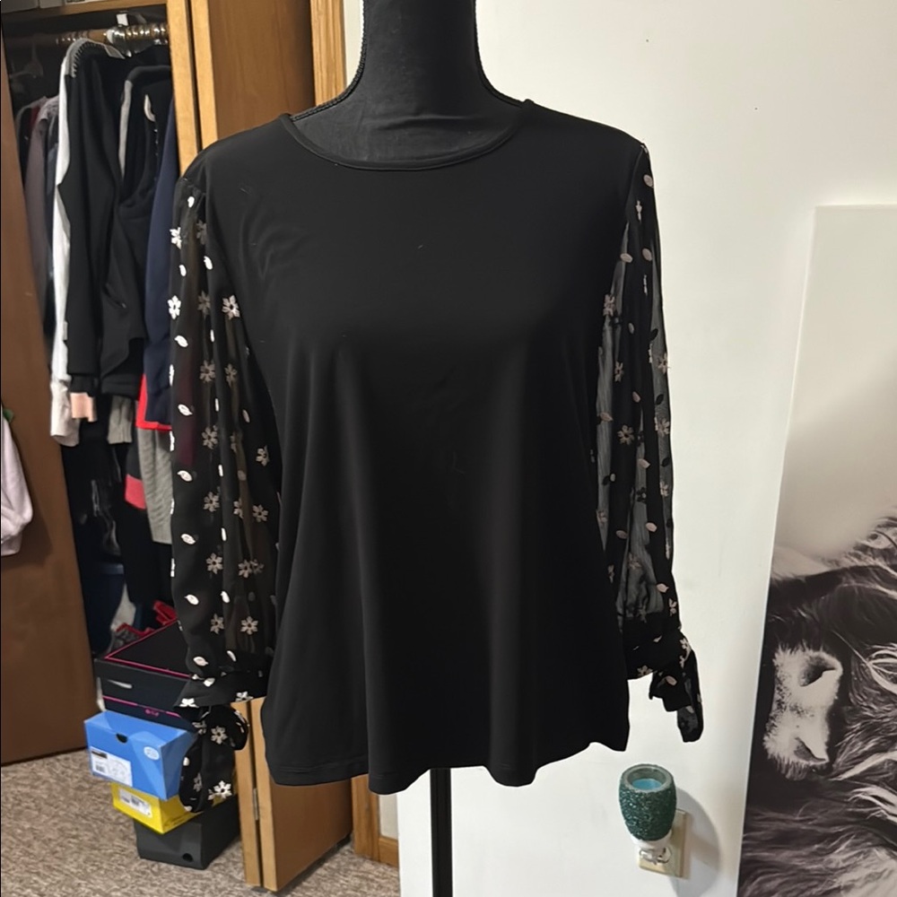 CeCe Black and Silver Embellished Long Sleeve Blouse